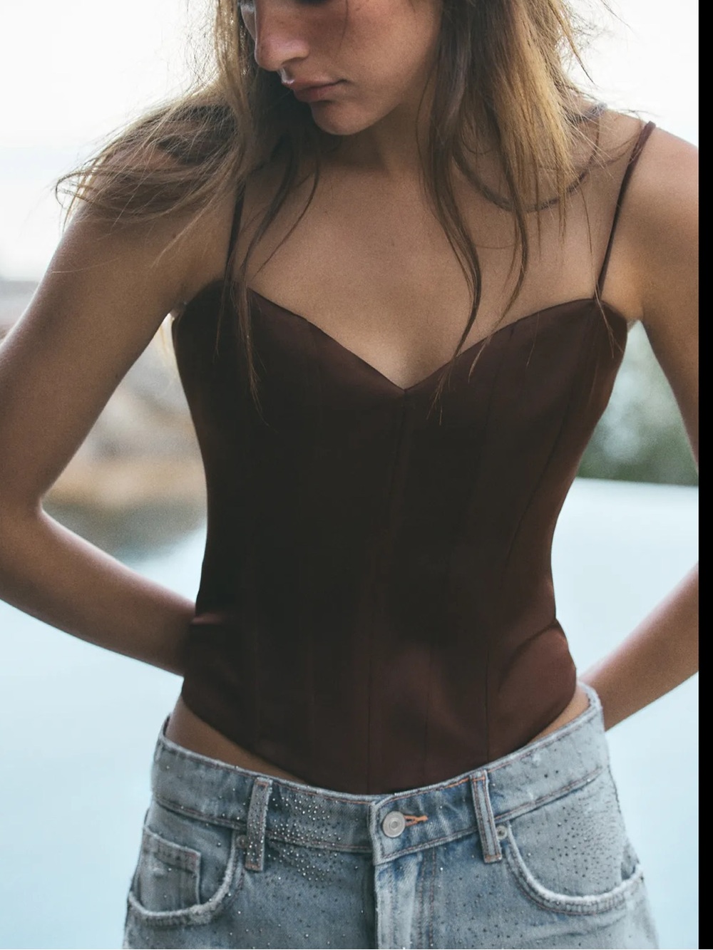 Zara - Satin Effect Corset Top Dark Brown